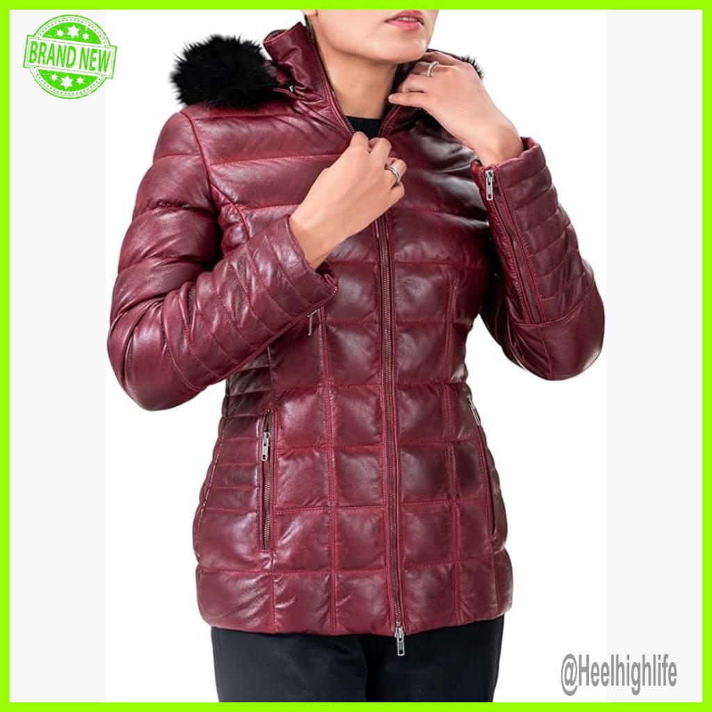 Lambskin Leather Puffer Jacket With Hood, Quilted, Long Sleeves